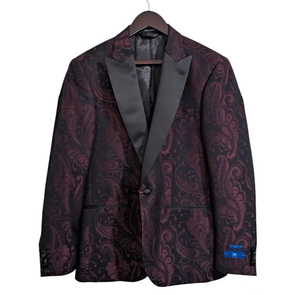 EGARA Burgundy Black Paisley Slim Fit Tuxedo Dinner Jacket Blazer 40R NWT